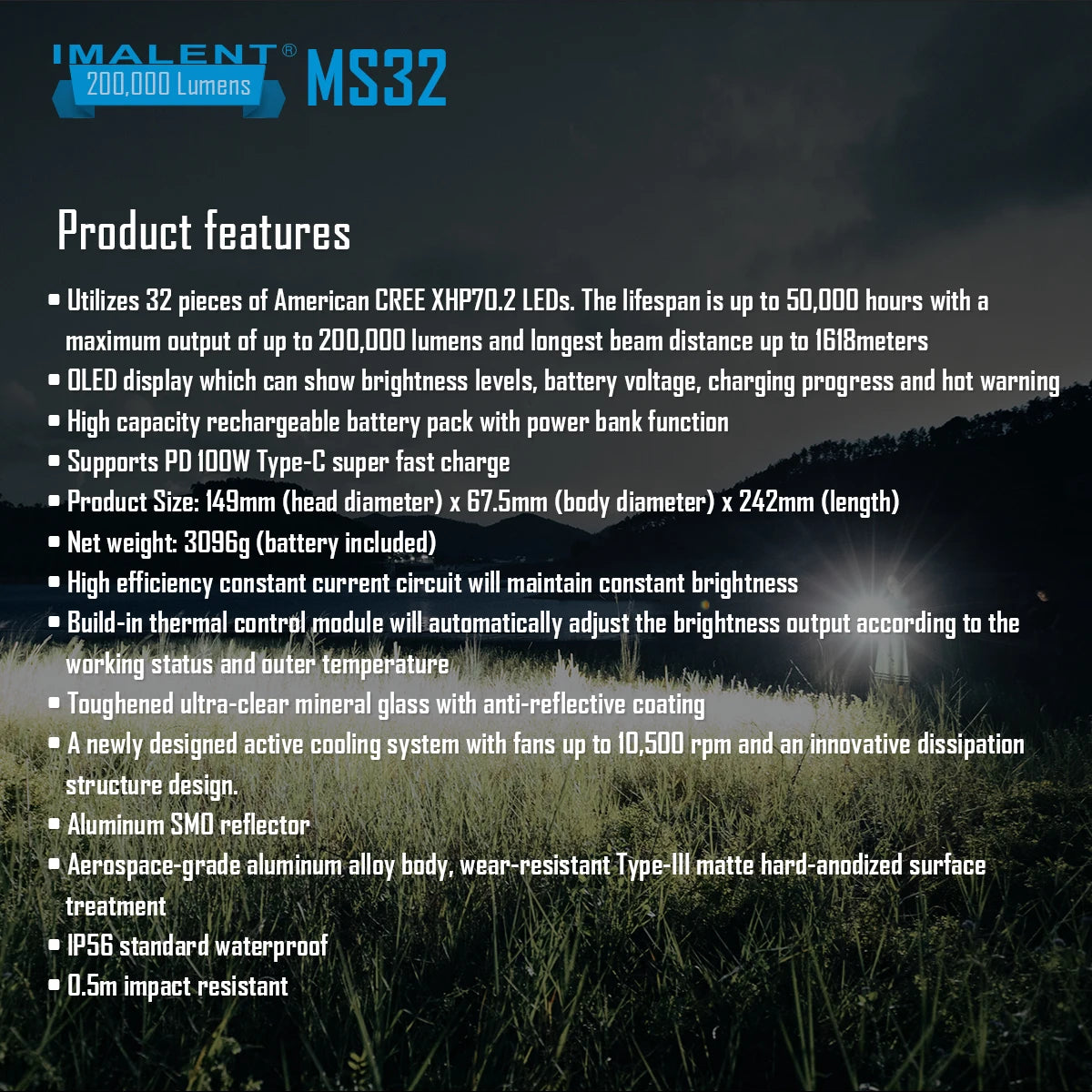 IMALENT MS32 200000 Lumen High Power Flashlight with 32 Cree XH70 II High Brightness LEDs, 100W Type-C Charging