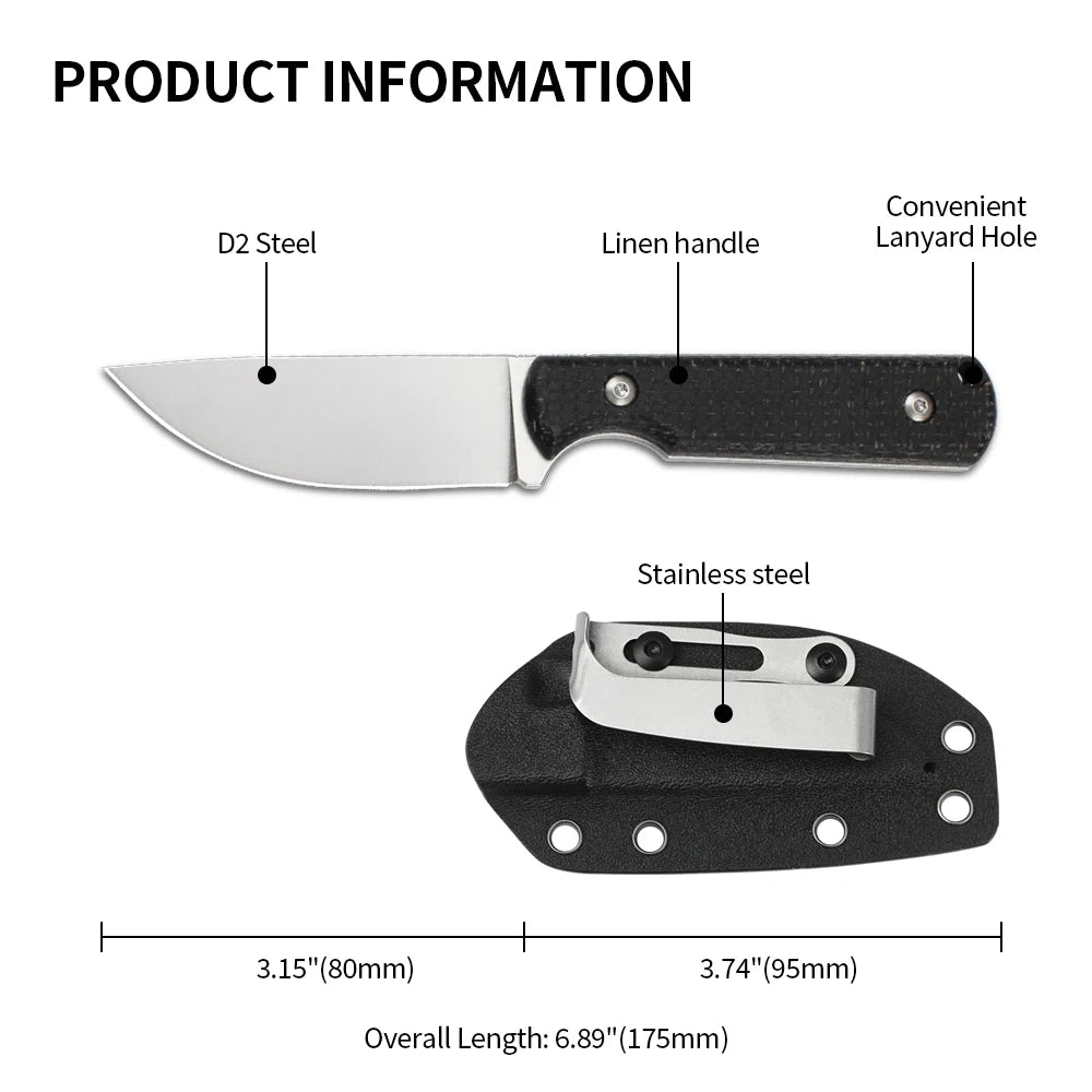 Tunafire Hunting Knives with K Sheath Case D2 Fixed Blade