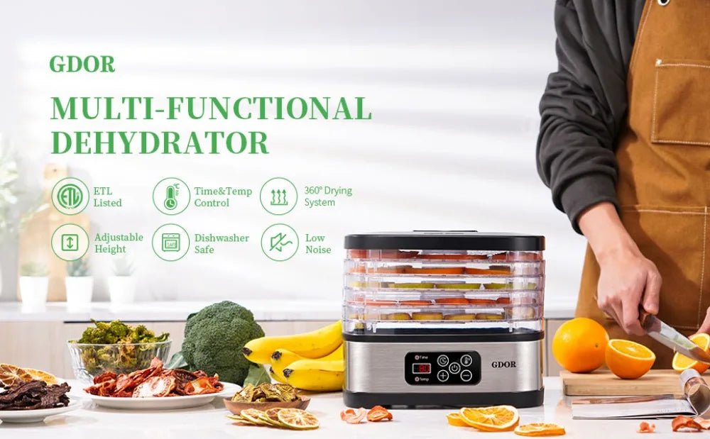 GDOR Food Dehydrator Machine with Adjustable Temperature & 72H Timer, 5-Tray Dehydrators for Food and Jerky, Fruit, Dog Treats, Herbs, Snacks, LED Display, 240W Electric Food Dryer with Recipe Book