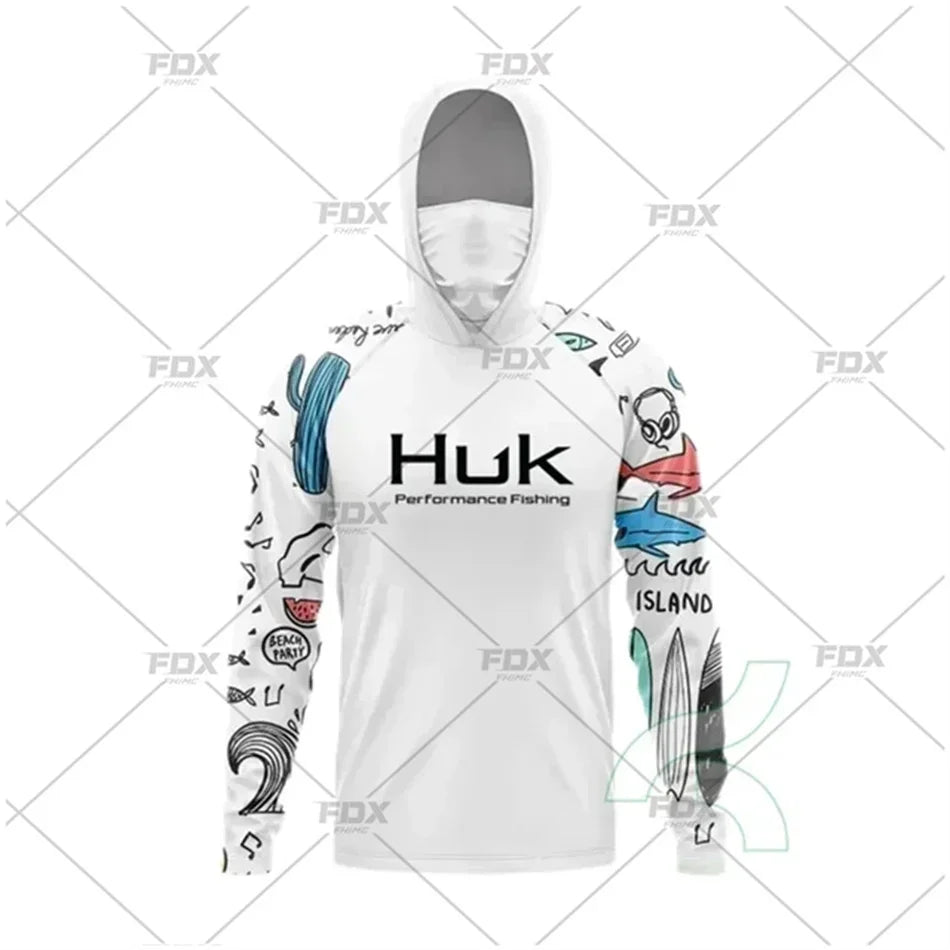 Huk Fishing Shirt UPF 50 Hooded Face Cover Fishing Clothes Summer Sun Protection Hoodie