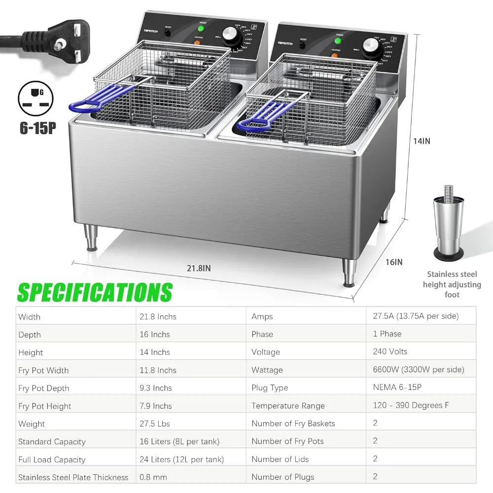 Commercial Countertop Deep Fryer 12L x 2 Dual Tank with 2 Frying Baskets and Lids