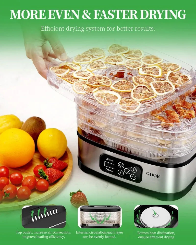 GDOR Food Dehydrator Machine with Adjustable Temperature & 72H Timer, 5-Tray Dehydrators for Food and Jerky, Fruit, Dog Treats, Herbs, Snacks, LED Display, 240W Electric Food Dryer with Recipe Book