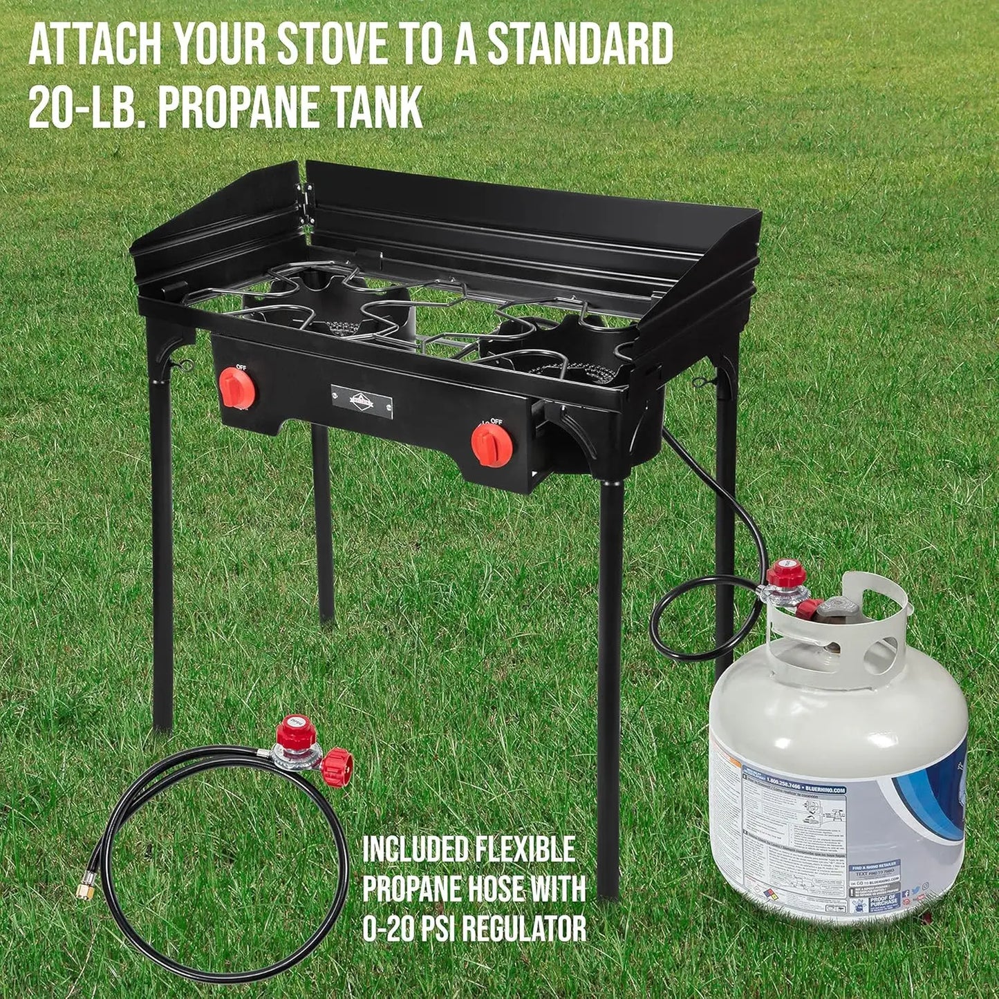 Hike Crew Cast Iron Double-Burner Outdoor Gas Stove | 150,000 BTU Portable Propane Cooktop w/Blue Flame Control, Removable Legs, Temperature Control Knobs, Wind Panel, Hose, Regulator & Storage Case