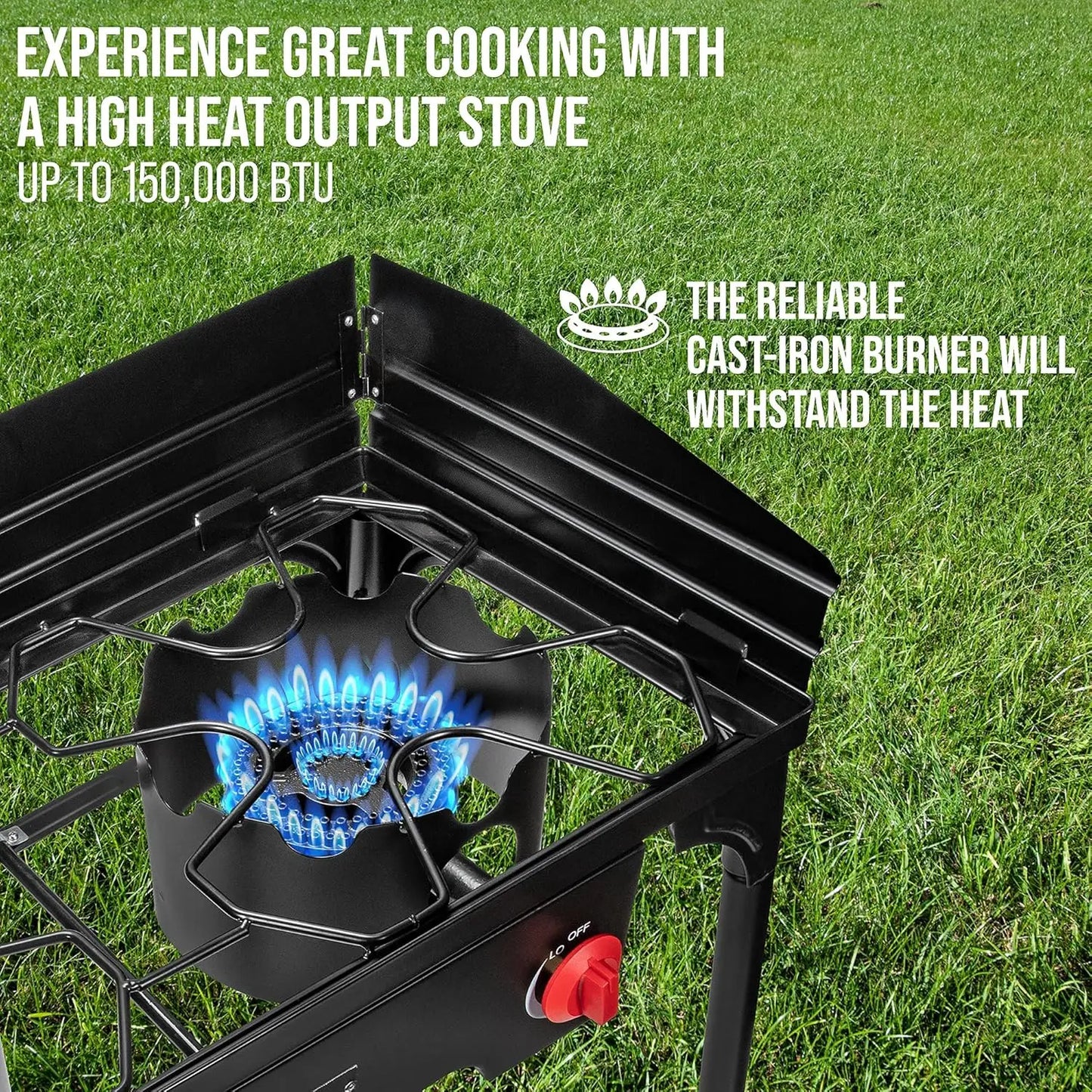 Hike Crew Cast Iron Double-Burner Outdoor Gas Stove | 150,000 BTU Portable Propane Cooktop w/Blue Flame Control, Removable Legs, Temperature Control Knobs, Wind Panel, Hose, Regulator & Storage Case