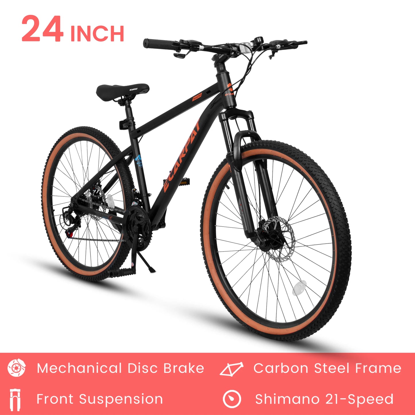 Ecarpat Mountain Bike 24 Inch Wheel, 21-Speed 15" Steel Frame, Mens Womens Trail/Commuter/Mountain Bike Disc Brake