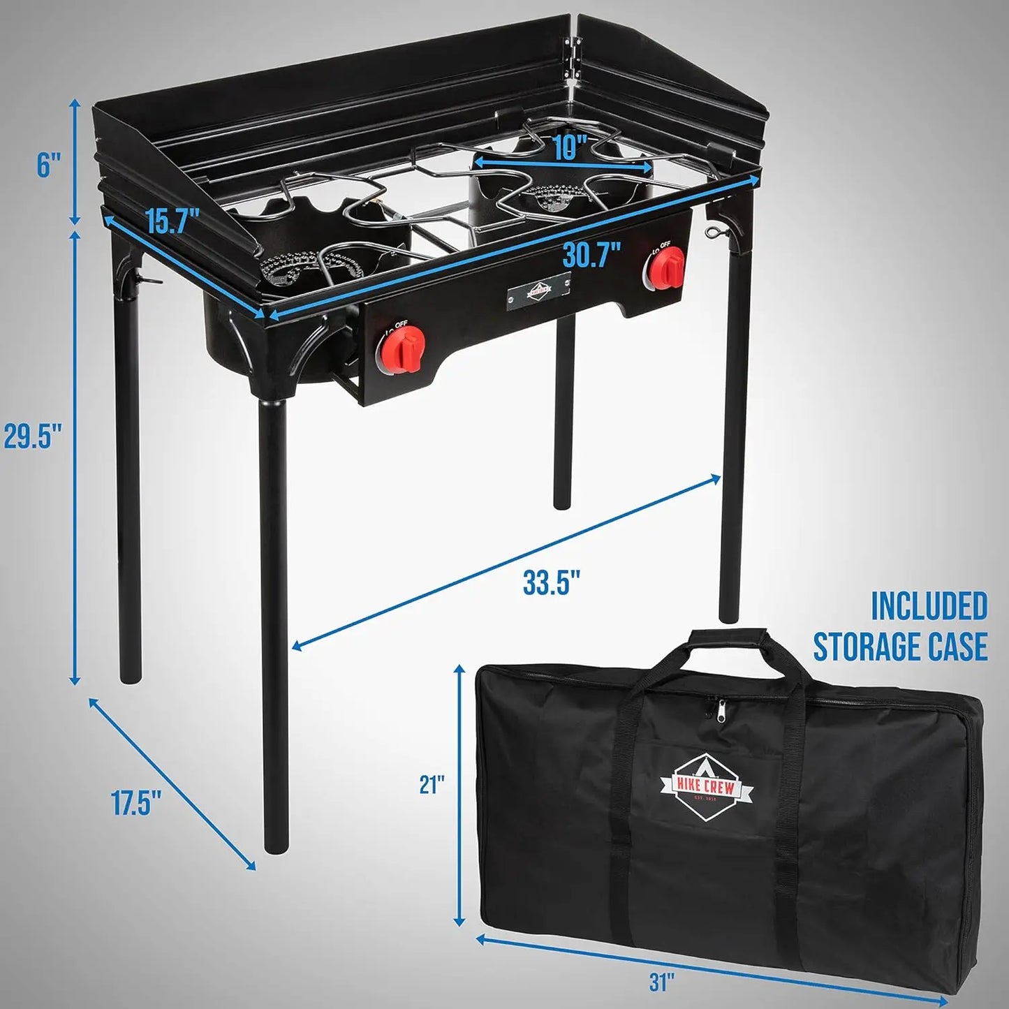 Hike Crew Cast Iron Double-Burner Outdoor Gas Stove | 150,000 BTU Portable Propane Cooktop w/Blue Flame Control, Removable Legs, Temperature Control Knobs, Wind Panel, Hose, Regulator & Storage Case