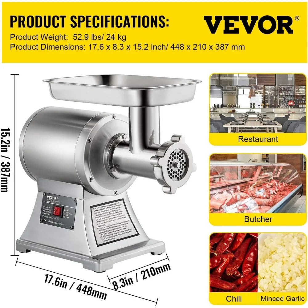 VEVOR Commercial Meat Grinder, 550LB/h 1100W Electric Meat Mincer, ETL Approved Heavy Duty Industrial Meat Mincer Machine