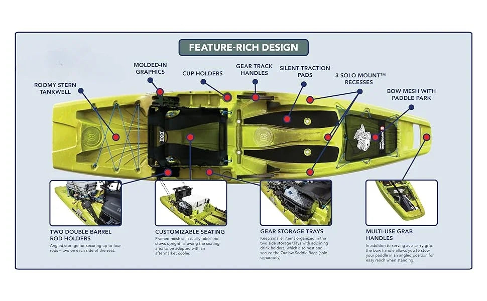 Fishing Kayak 11.5 FT Sit on Top  | Fold Away Lawn Chair Seat | 4 Rod Holders | Integrated Tackle Trays