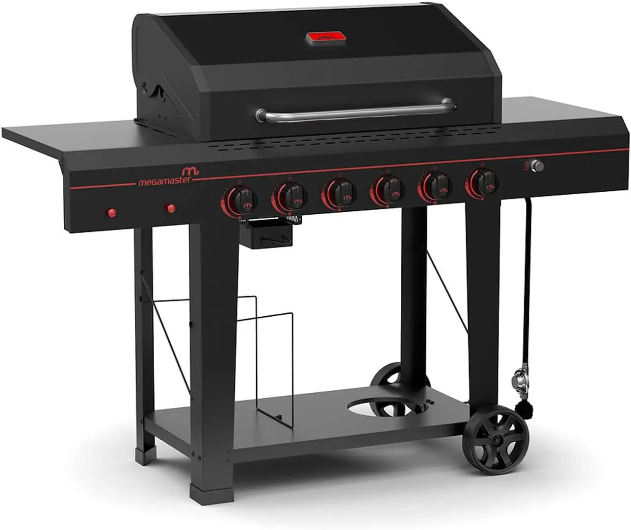 Megamaster 6-Burner Propane Barbecue Gas grill, Side Shelves With Hooks, for Camping, Outdoor Cooking, Patio, Garden Barbecue Grill, Open Cart With Side Tables, Black