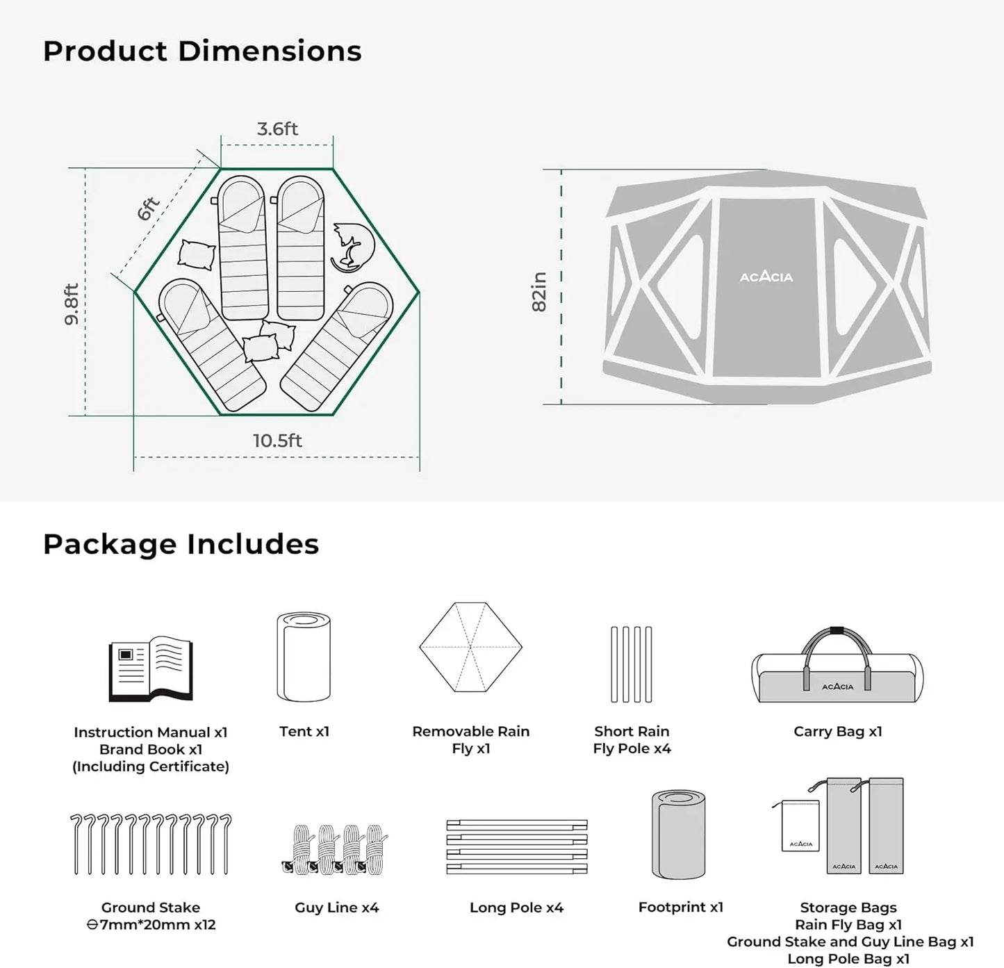 ACACIA Space Camping Tent XL, 4-6 Person Large Family Tent with 6'10'' Height, 2 Doors, 8 Windows, Waterproof Pop Up Easy Setup Hub Tent with Rainfly, Footprint for Car Camping, Glamping, Banyan