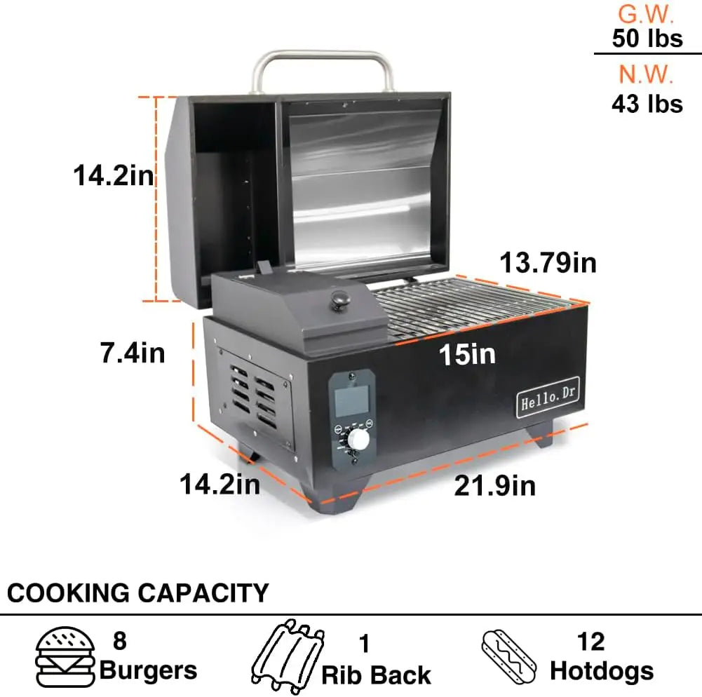 Hello. Dr, Portable Wood Pellet Grill Smoker,Table Top Electric Smoker 8 in 1 for RV Camping Tailgating RV Cooking BBQ, Outdoor Grills &Smokers Intelligent Temperature Control,Black