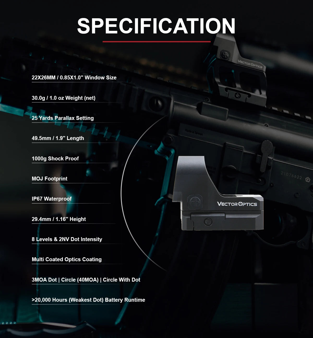 Vector Optics Frenzy 1x22x26 MOS Multi Reticles Pistol Red Dot Sight IP67 Waterproof&Auto Shut-off Fit MOJ 9mm 12GA Glock 17 19