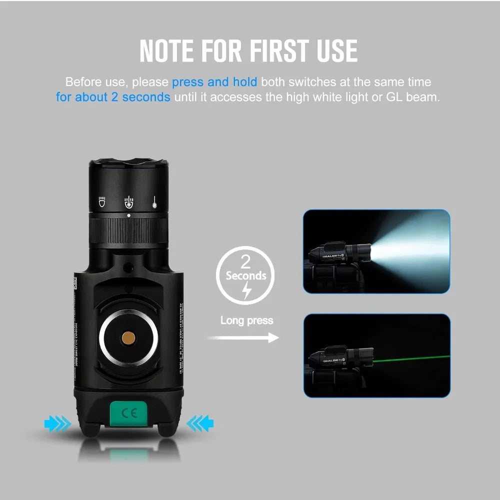 Magnetic USB Rechargeable Tactical Flashlight with Green Beam and White LED Combo, Rail Mount