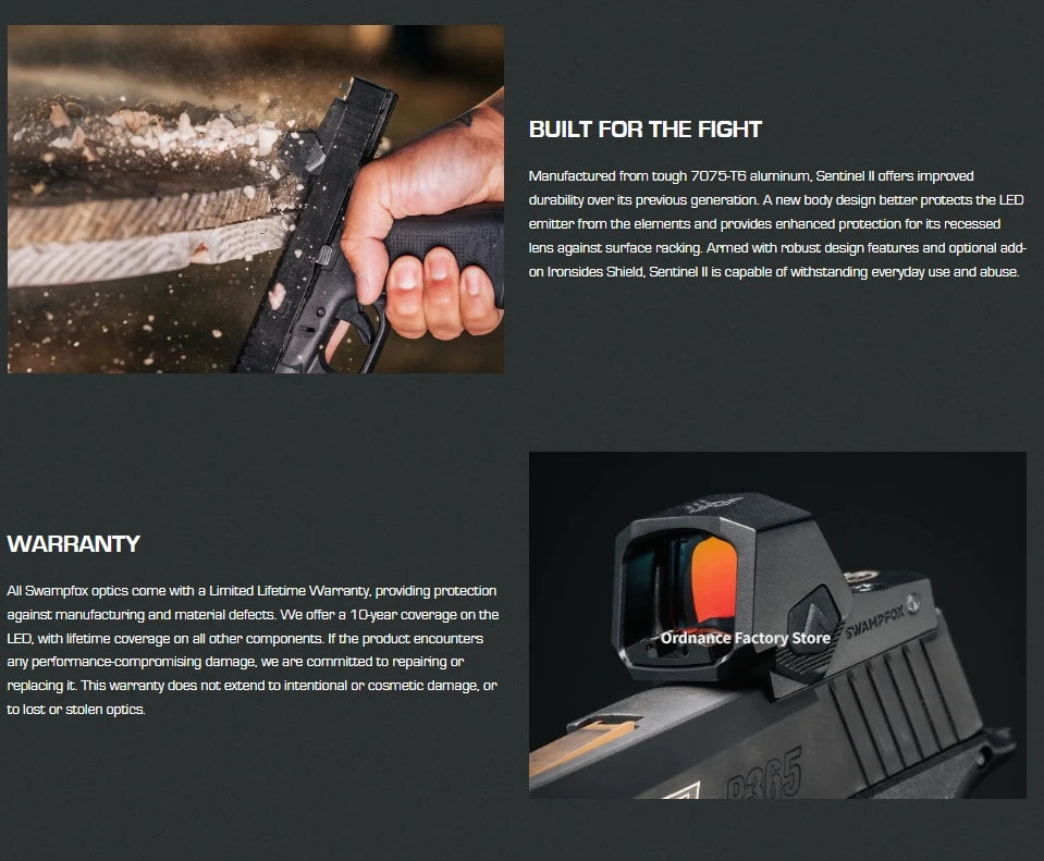 Swampfox SENTINEL II 1x20 3 MOA Red Dot Sight RMSc Footprint, Shake Awake, for Glock, SIG Sauer, Smith & Wesson, M&P, Shield Handguns