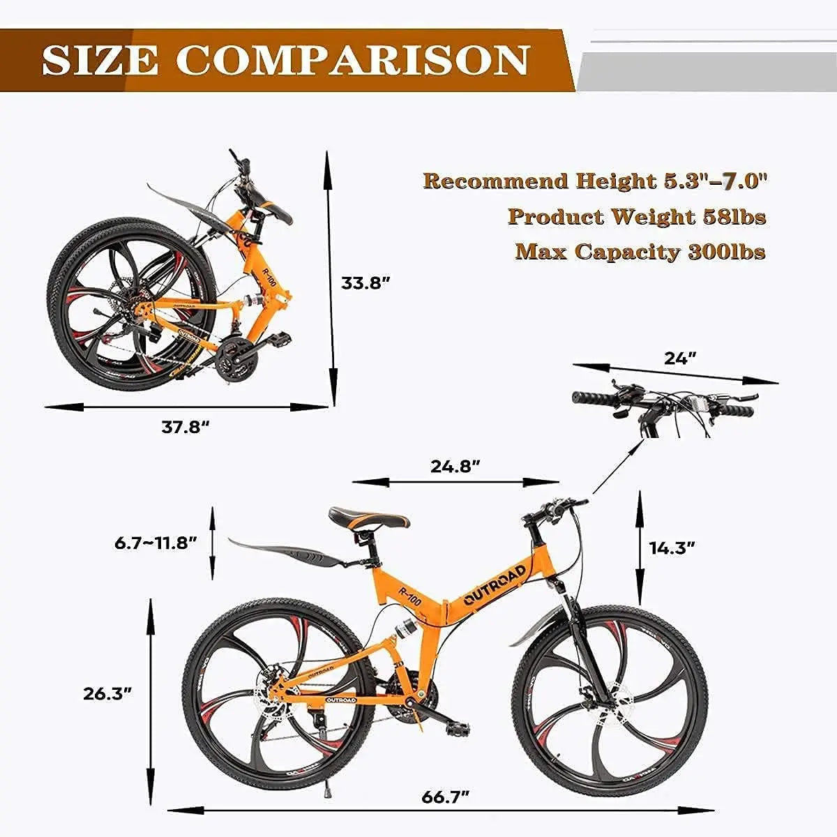 OUTROAD R-100 26 Inch Folding Mountain Bike, 21 Speed Full Suspension Bicycle with High-Carbon Steel, Dual Disc Brake Non-Slip Quick Release tire Folding Bicycle for Adults/Men/Women