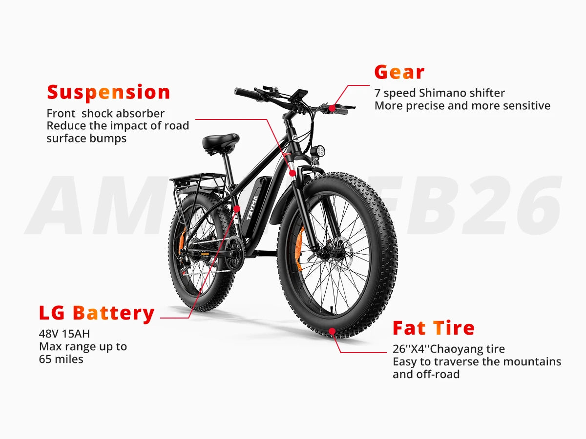 EB26 Electric Bike for Adults Peak 1500W Electric Bicycle 48V 15AH (720WH) Battery Electric Bike 26" Fat Tire Mountain 28mph 7 Speed Gears Dual Shock Absorber Electric Bike