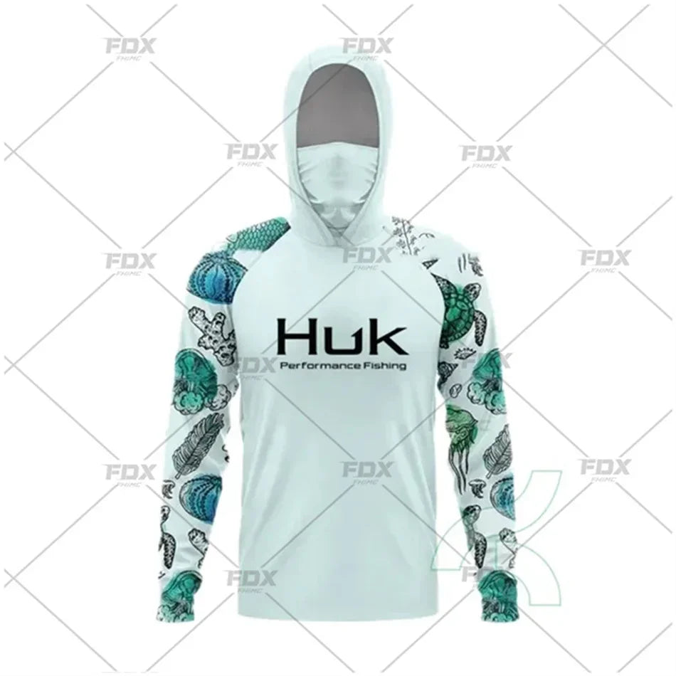 Huk Fishing Shirt UPF 50 Hooded Face Cover Fishing Clothes Summer Sun Protection Hoodie