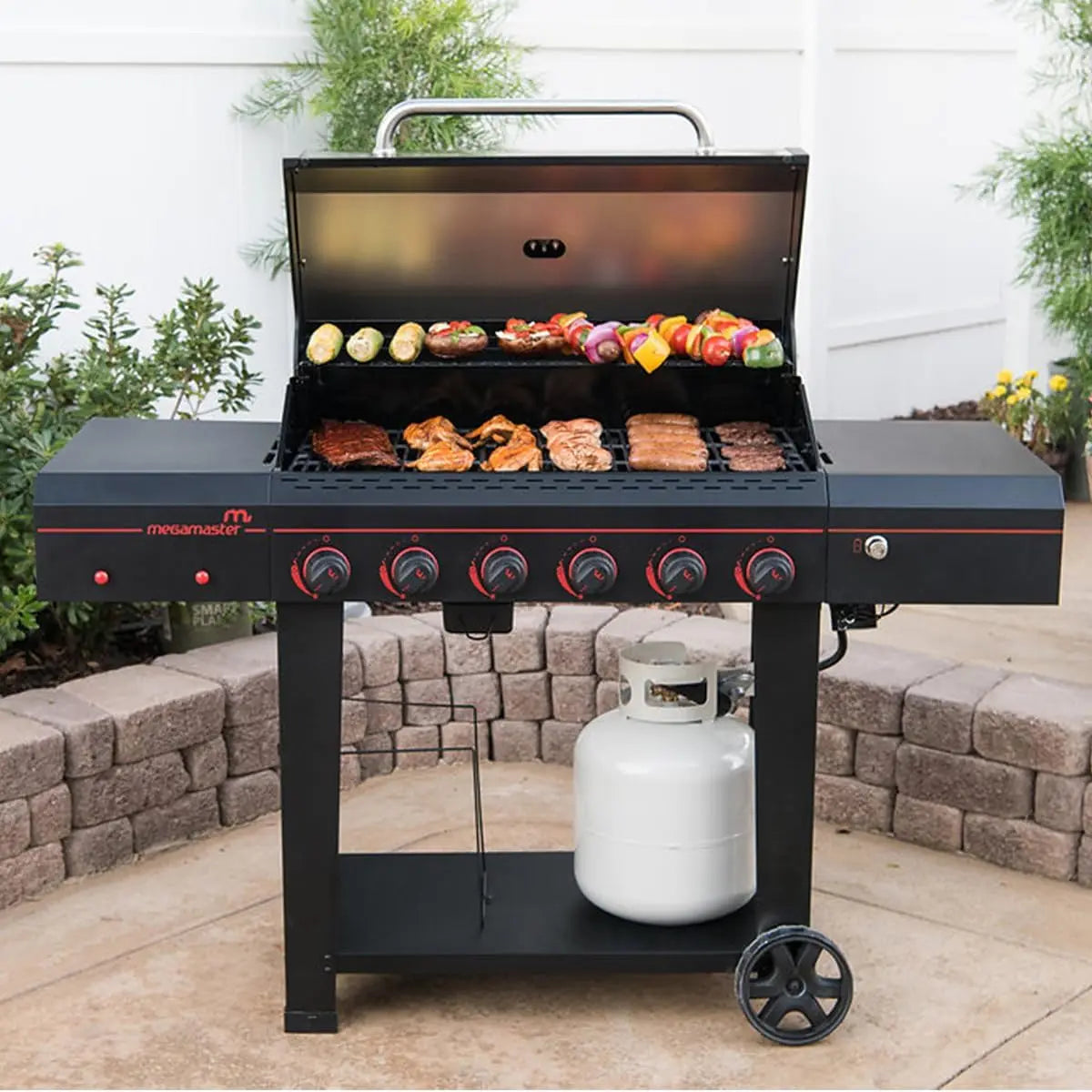 Megamaster 6-Burner Propane Barbecue Gas grill, Side Shelves With Hooks, for Camping, Outdoor Cooking, Patio, Garden Barbecue Grill, Open Cart With Side Tables, Black