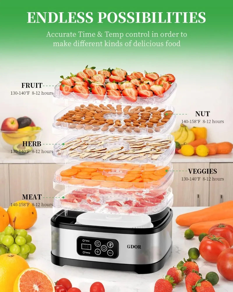 GDOR Food Dehydrator Machine with Adjustable Temperature & 72H Timer, 5-Tray Dehydrators for Food and Jerky, Fruit, Dog Treats, Herbs, Snacks, LED Display, 240W Electric Food Dryer with Recipe Book