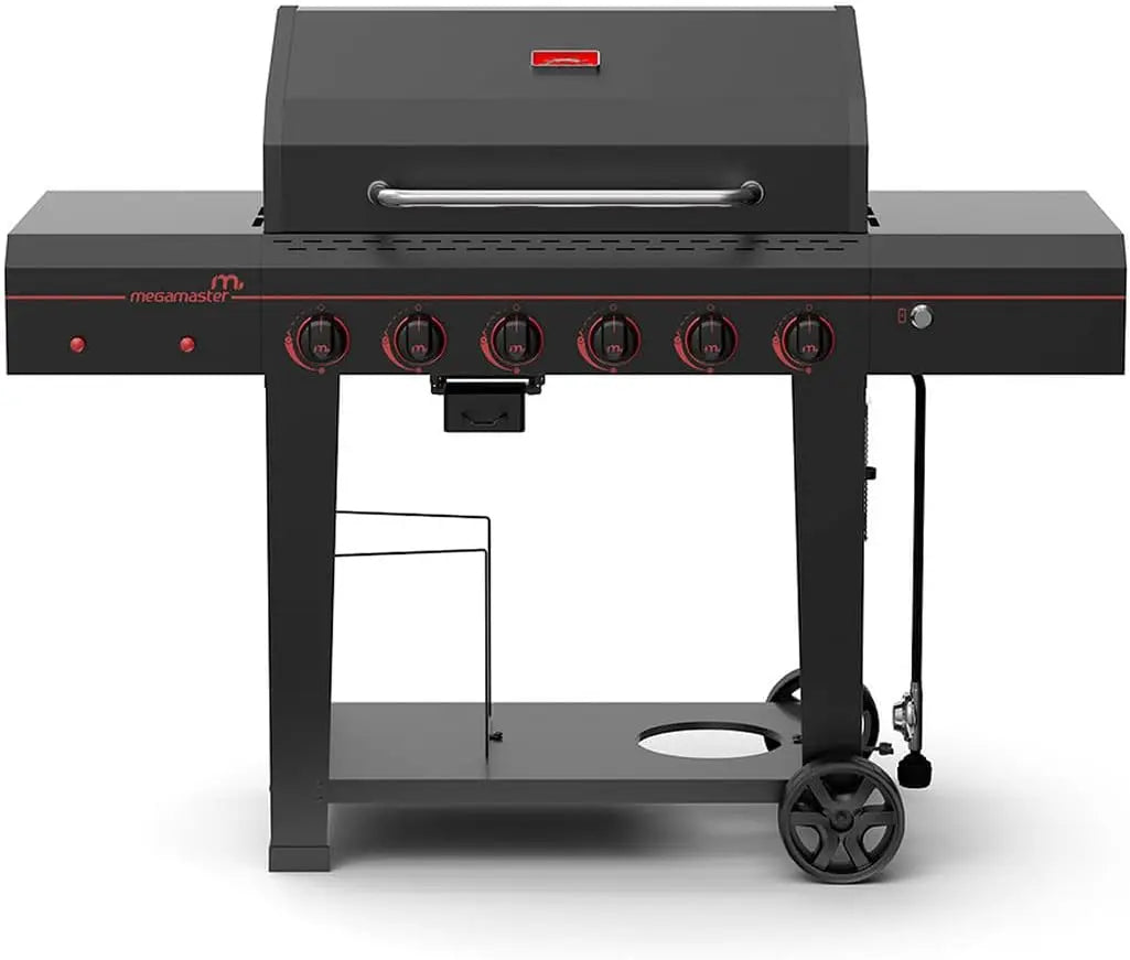 Megamaster 6-Burner Propane Barbecue Gas grill, Side Shelves With Hooks, for Camping, Outdoor Cooking, Patio, Garden Barbecue Grill, Open Cart With Side Tables, Black