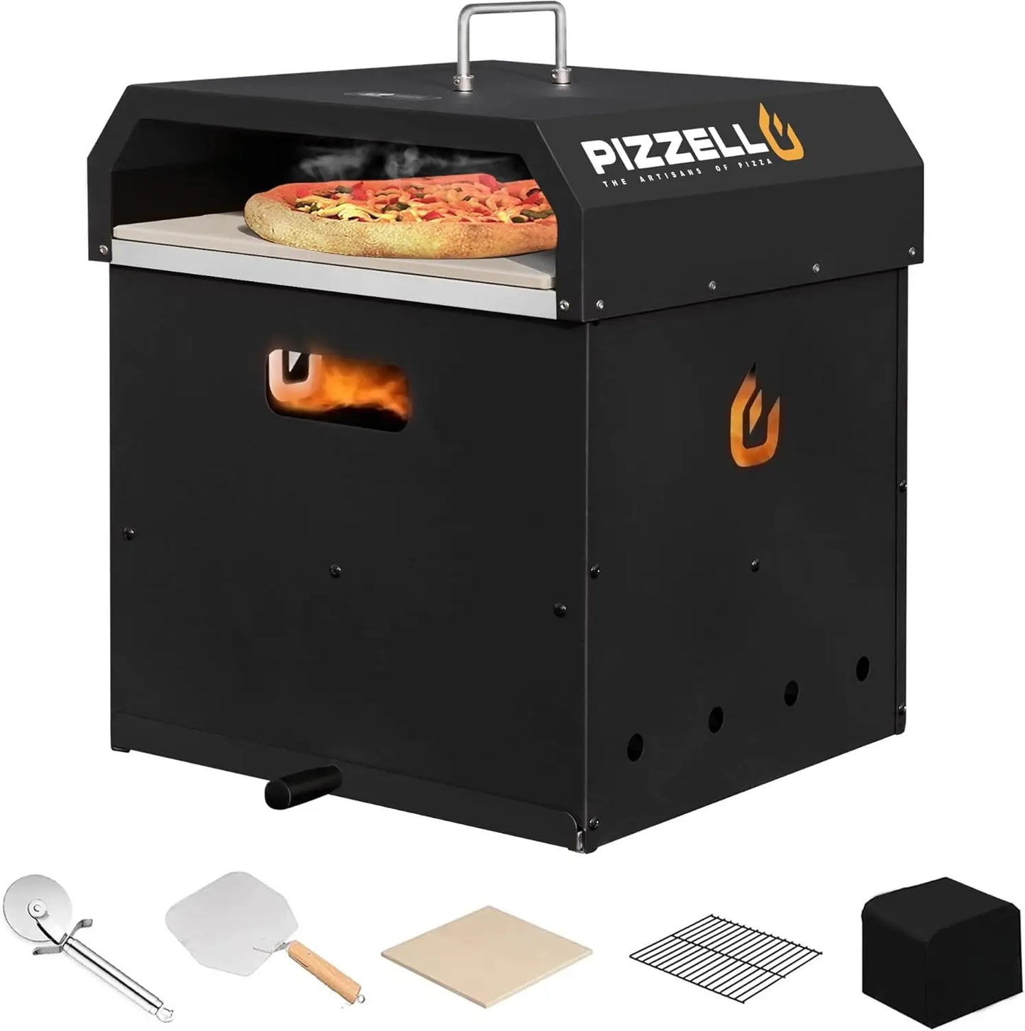 4-in-1 Outdoor Pizza Oven 16" Wood Fired Outside Oven 2-Layer Detachable Pizza Maker with Pizza Stone, Pizza Peel, Cover, Cooking Grill Grate, Pizzello Gusto