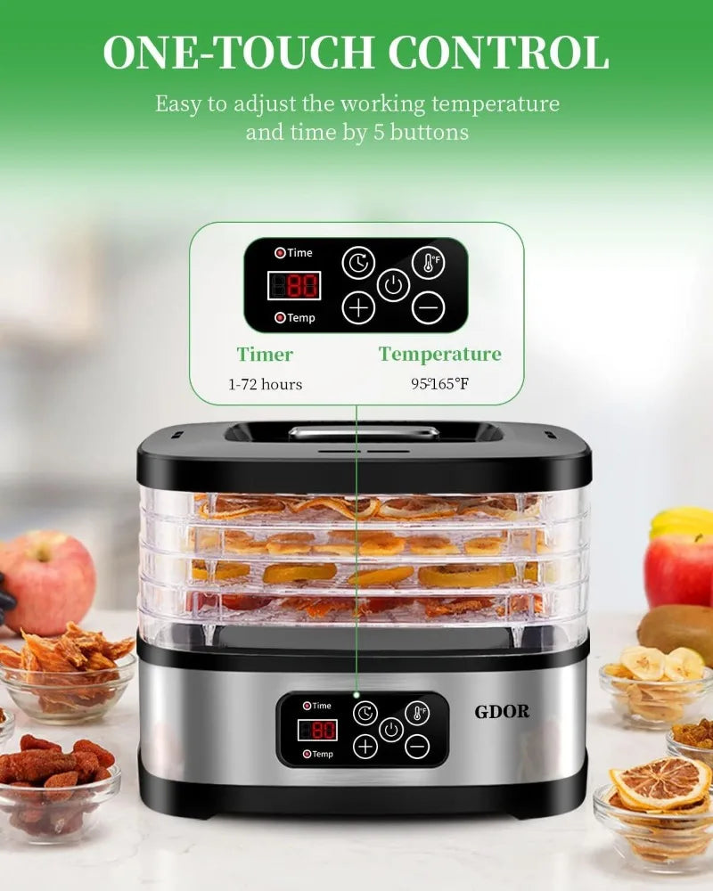 GDOR Food Dehydrator Machine with Adjustable Temperature & 72H Timer, 5-Tray Dehydrators for Food and Jerky, Fruit, Dog Treats, Herbs, Snacks, LED Display, 240W Electric Food Dryer with Recipe Book