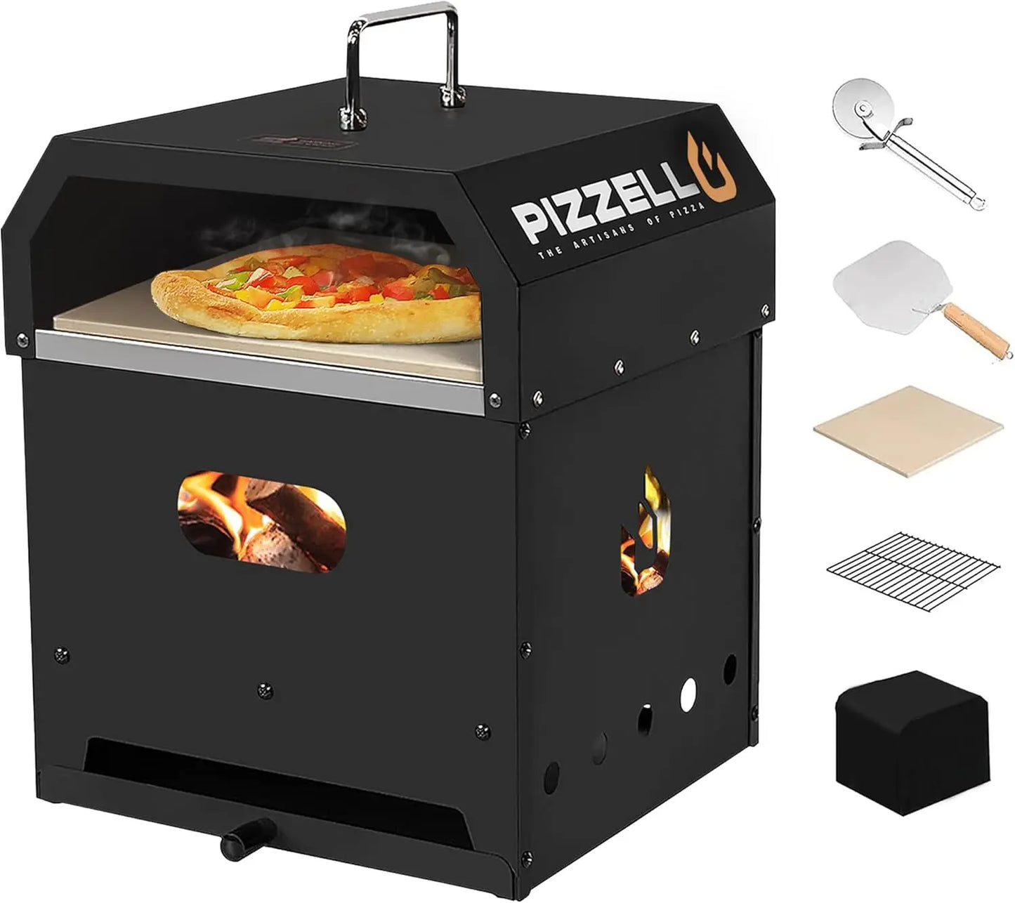 4-in-1 Outdoor Pizza Oven 16" Wood Fired Outside Oven 2-Layer Detachable Pizza Maker with Pizza Stone, Pizza Peel, Cover, Cooking Grill Grate, Pizzello Gusto