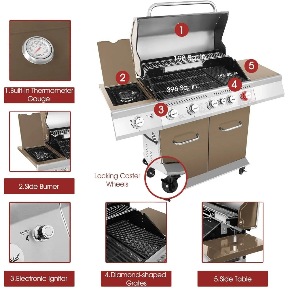 Propane Barbecue Grill With Sear Burner, Rear Burner and Side Burner