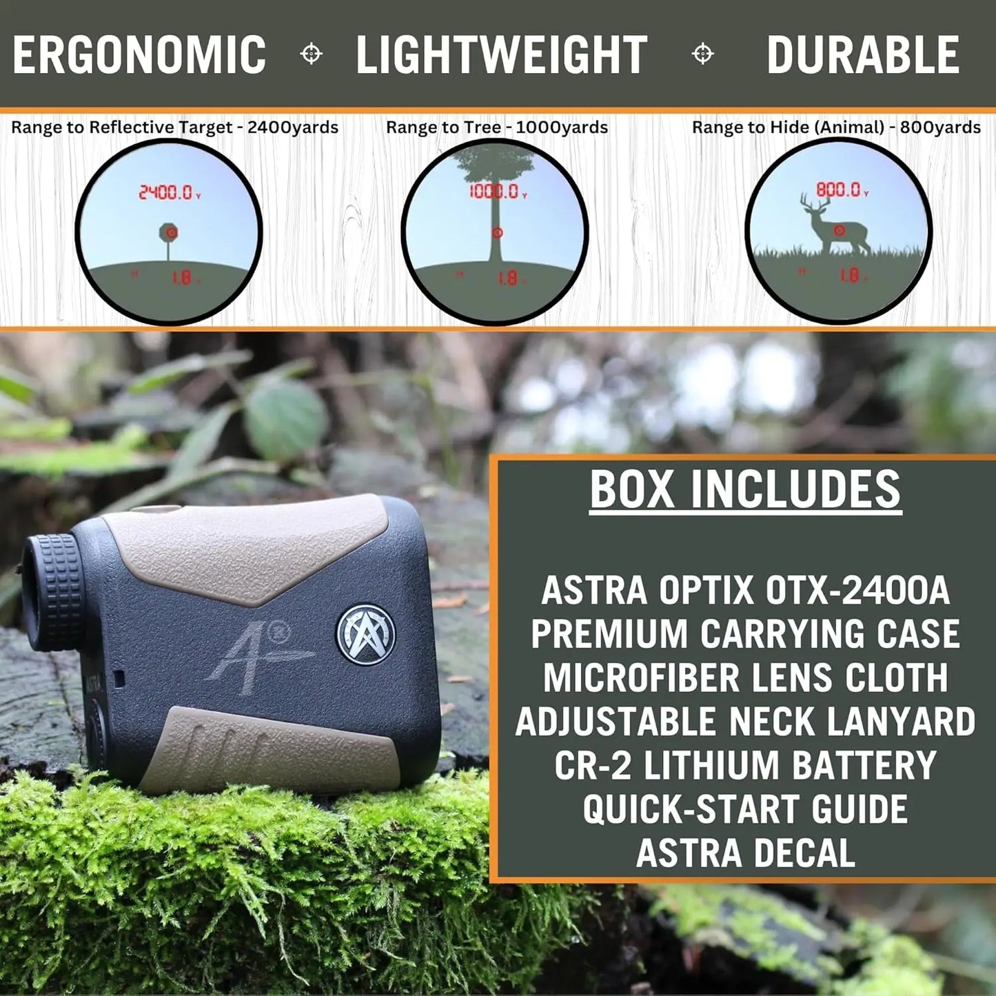 OTX2400B/A 2400yd Laser Rangefinder for Hunting, Shooting, & Golf, Red OLED Display Fast 0.1s and Accurate +/-1 yd with Ballistics/Applied Ballistics, Class 1 905nm 0.25m, Eye-Safe Laser