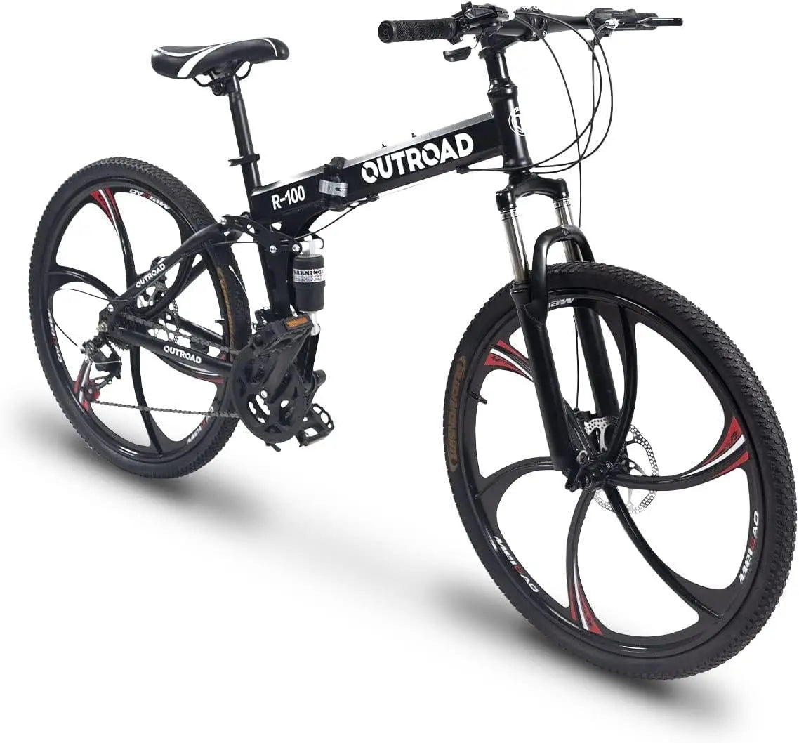 OUTROAD R-100 26 Inch Folding Mountain Bike, 21 Speed Full Suspension Bicycle with High-Carbon Steel, Dual Disc Brake Non-Slip Quick Release tire Folding Bicycle for Adults/Men/Women