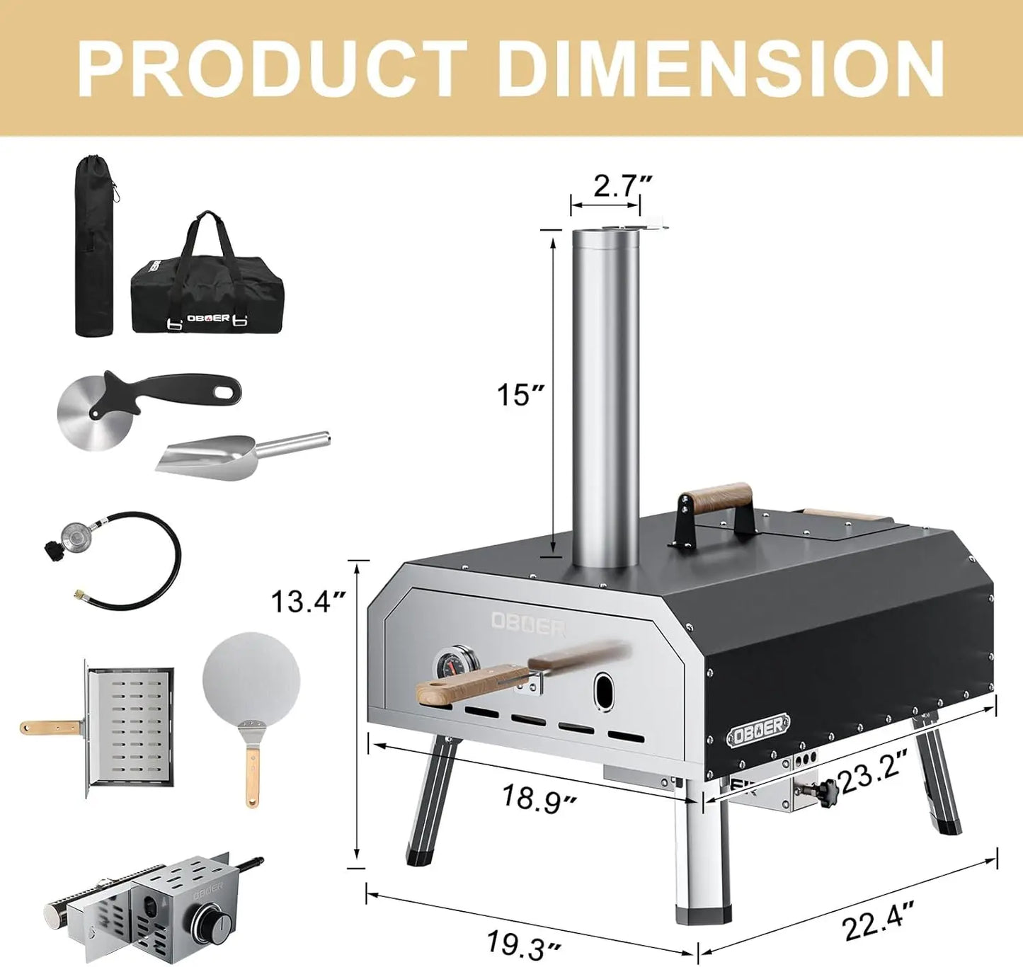 AABORON Pizza Oven Outdoor,16" Multi-Fuel Rotatable Pizza Ovens,Portable Wood Fired and Gas Pizza Oven,Stainless Steel 3-Layer Oven,Pizza Maker with Built-in Thermometer,Pizza Cutter & Carry Bag