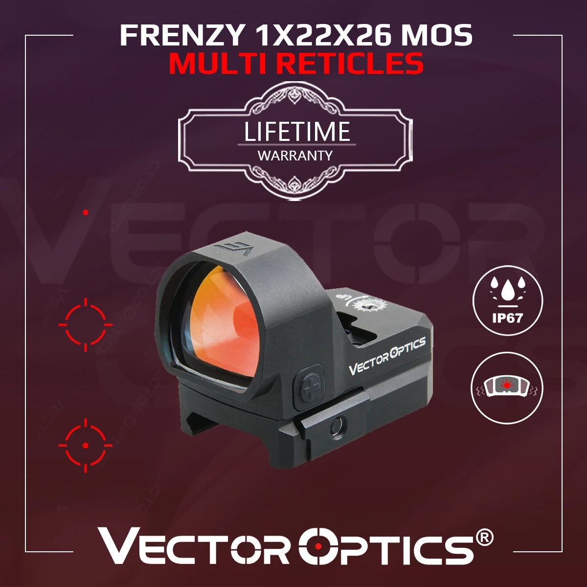 Vector Optics Frenzy 1x22x26 MOS Multi Reticles Pistol Red Dot Sight IP67 Waterproof&Auto Shut-off Fit MOJ 9mm 12GA Glock 17 19