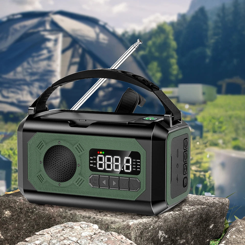 12000mAh Weather Alert Radio with 2 Solar Panels Solar Hand Crank Multifunction Radio Flashlight Power Bank for Outdoor Survival