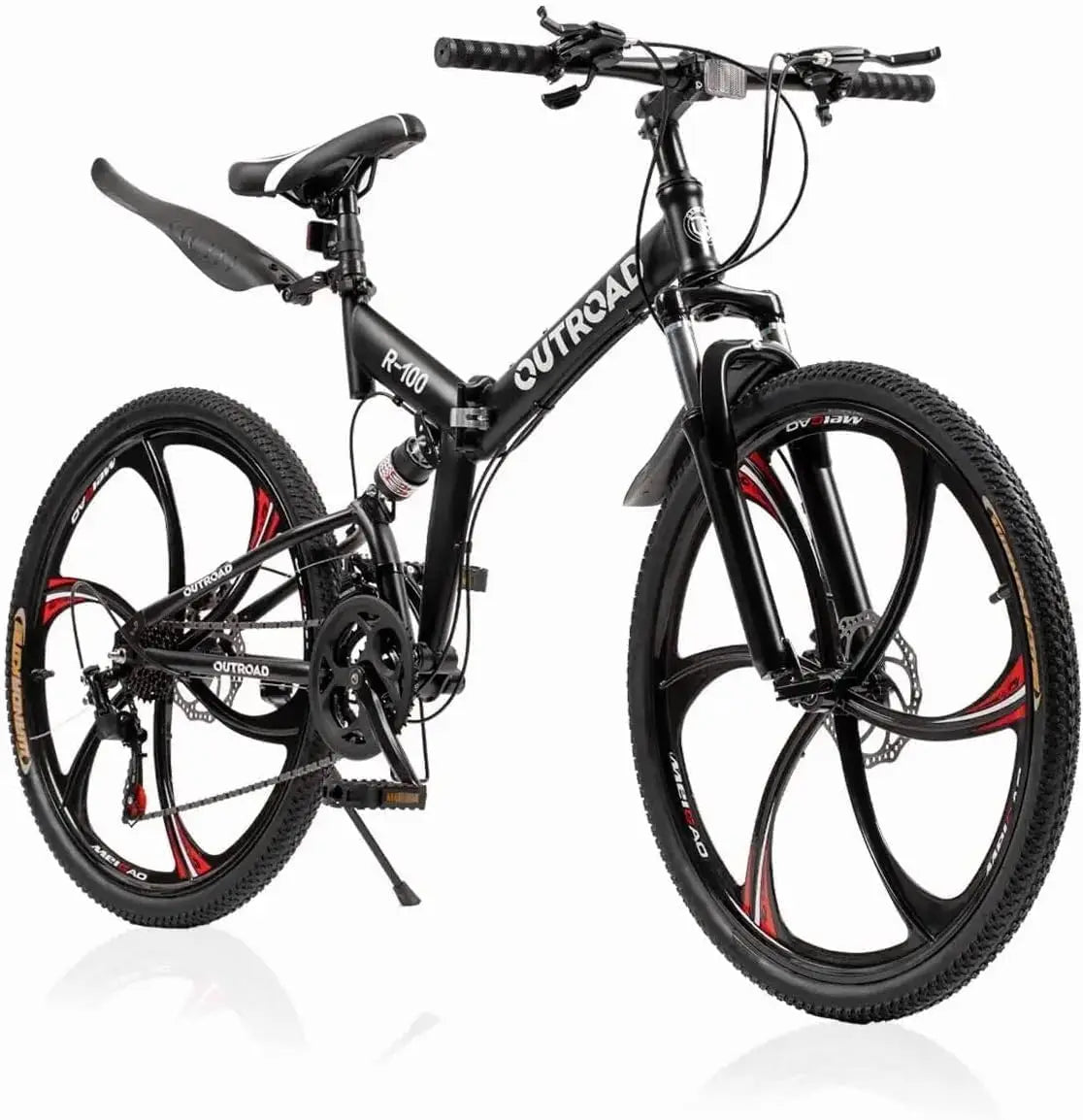 OUTROAD R-100 26 Inch Folding Mountain Bike, 21 Speed Full Suspension Bicycle with High-Carbon Steel, Dual Disc Brake Non-Slip Quick Release tire Folding Bicycle for Adults/Men/Women