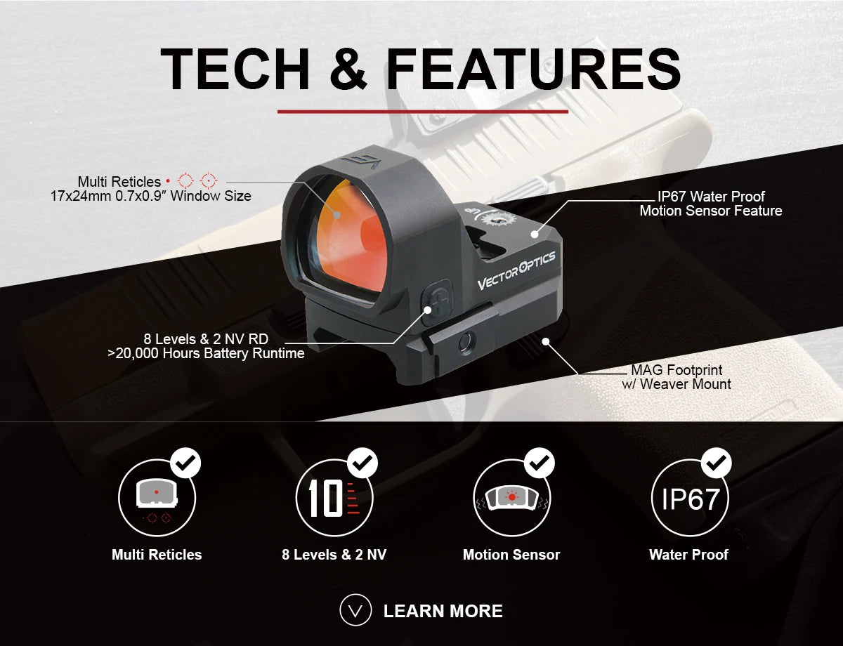 Vector Optics Frenzy 1x22x26 MOS Multi Reticles Pistol Red Dot Sight IP67 Waterproof&Auto Shut-off Fit MOJ 9mm 12GA Glock 17 19