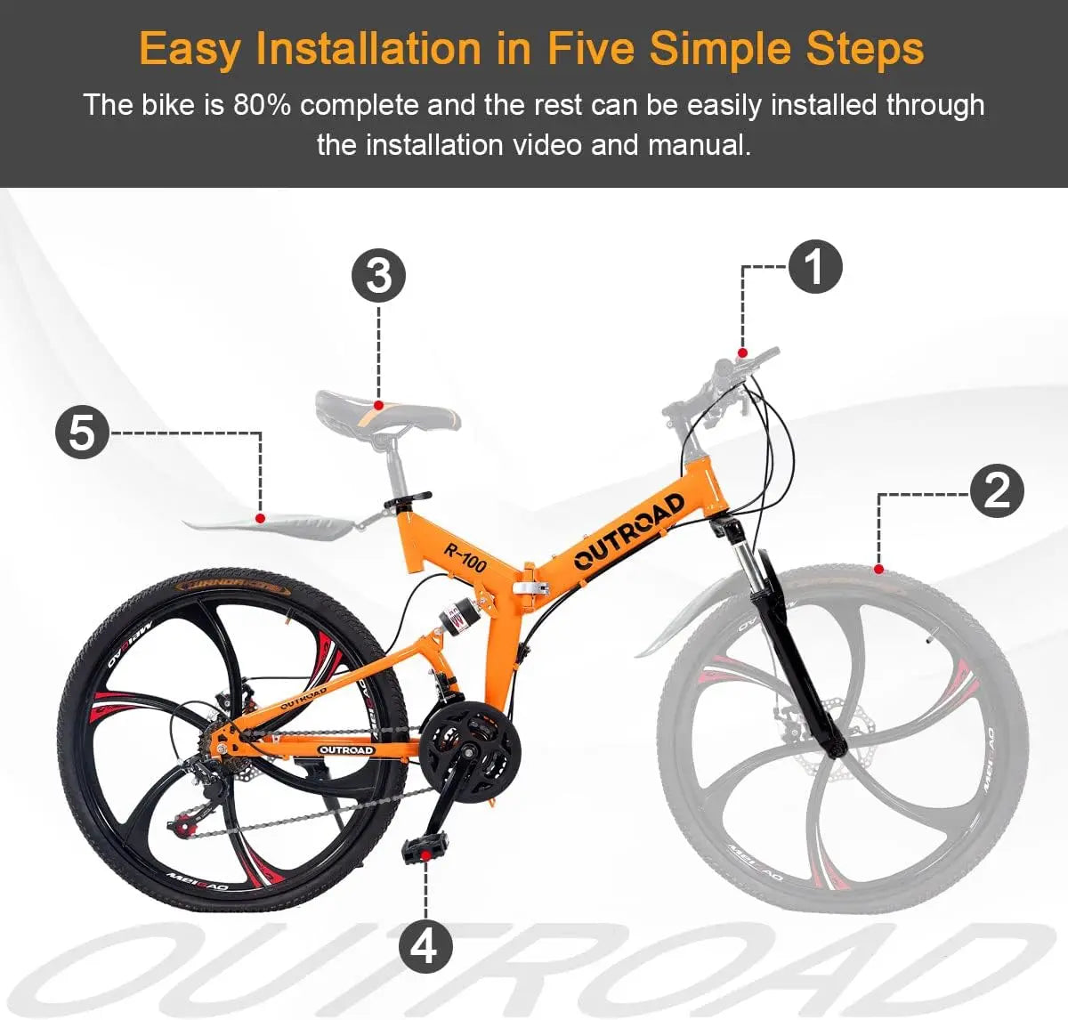 OUTROAD R-100 26 Inch Folding Mountain Bike, 21 Speed Full Suspension Bicycle with High-Carbon Steel, Dual Disc Brake Non-Slip Quick Release tire Folding Bicycle for Adults/Men/Women