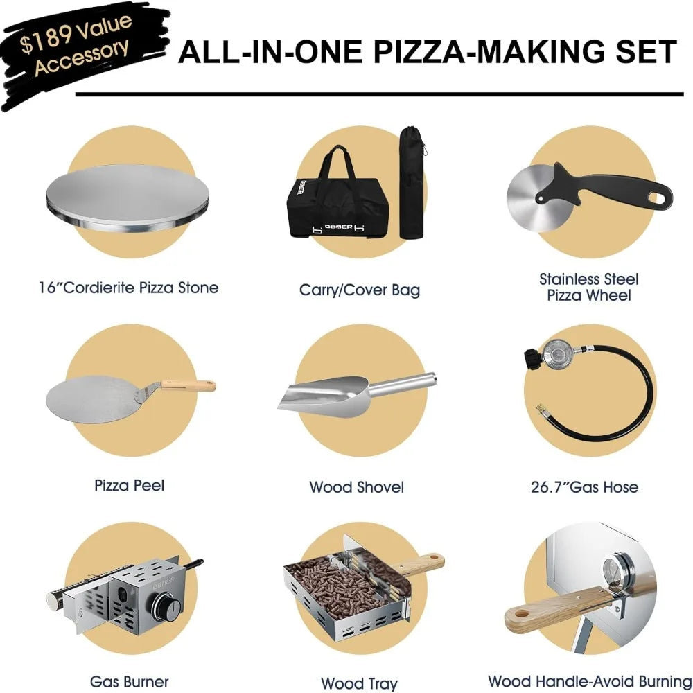 AABORON Pizza Oven Outdoor,16" Multi-Fuel Rotatable Pizza Ovens,Portable Wood Fired and Gas Pizza Oven,Stainless Steel 3-Layer Oven,Pizza Maker with Built-in Thermometer,Pizza Cutter & Carry Bag