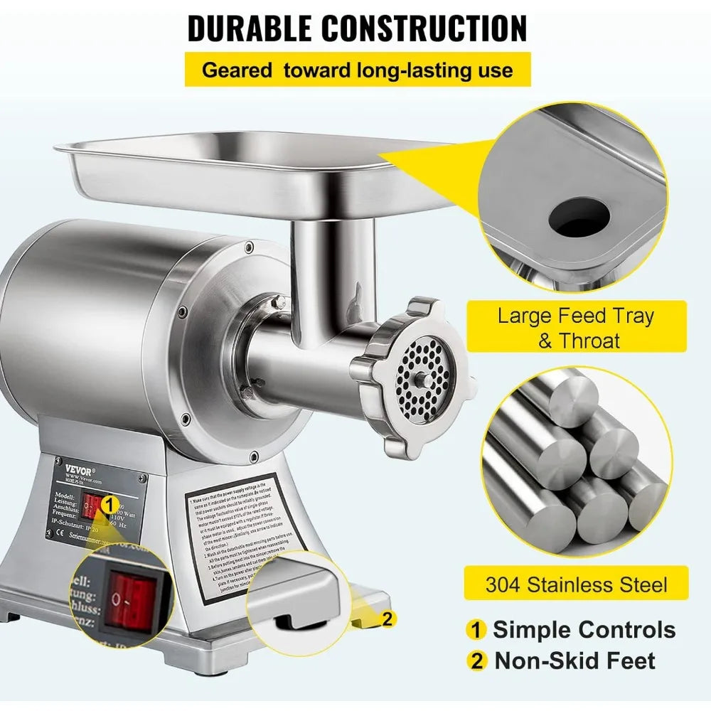 VEVOR Commercial Meat Grinder, 550LB/h 1100W Electric Meat Mincer, ETL Approved Heavy Duty Industrial Meat Mincer Machine