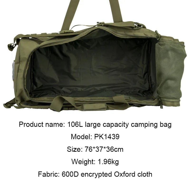 106L Super Capacity Camping Bag, 600D Nylon, Waterproof