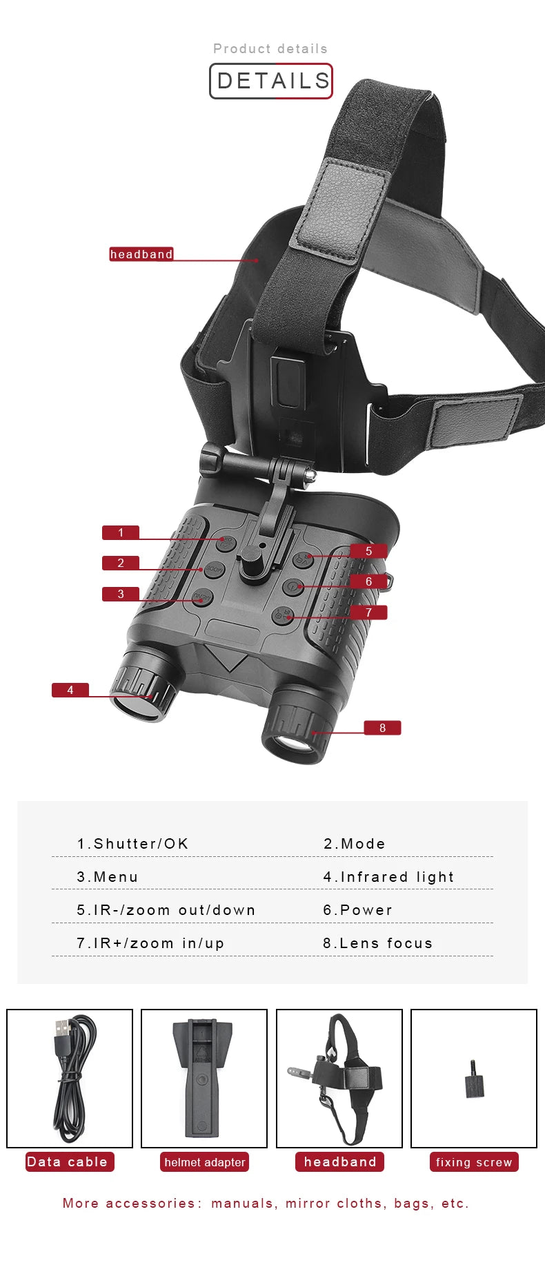 NV8160 8x Digital Night Vision Binoculars HD 1080P Infrared Head Mount Hunting Telescope 400m Surveillance Equipment