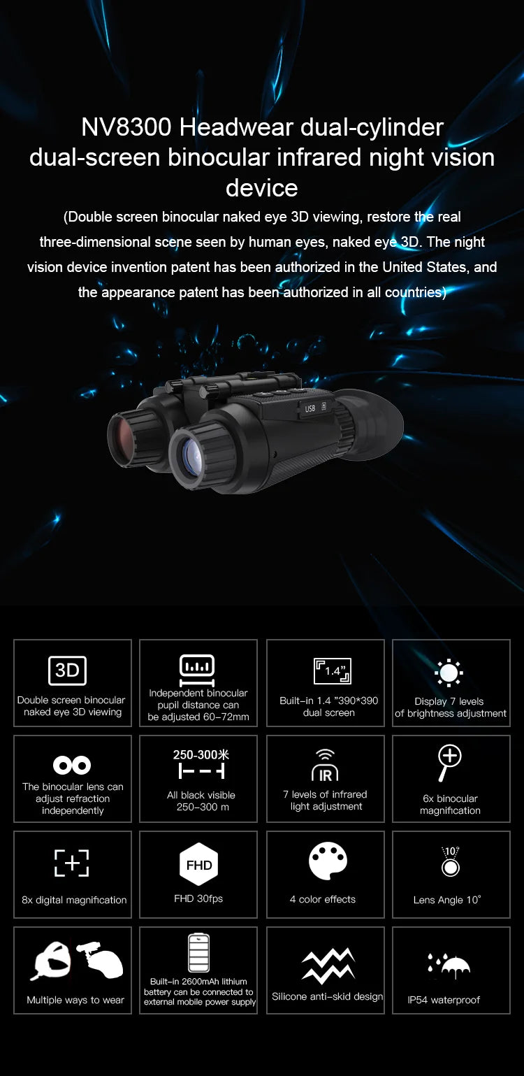 NV8300 Super Light HD 36MP 3D Binoculars Telescope 8X Digital Zoom 300M 7 levels Infrared Night Vision Camera for Hunting