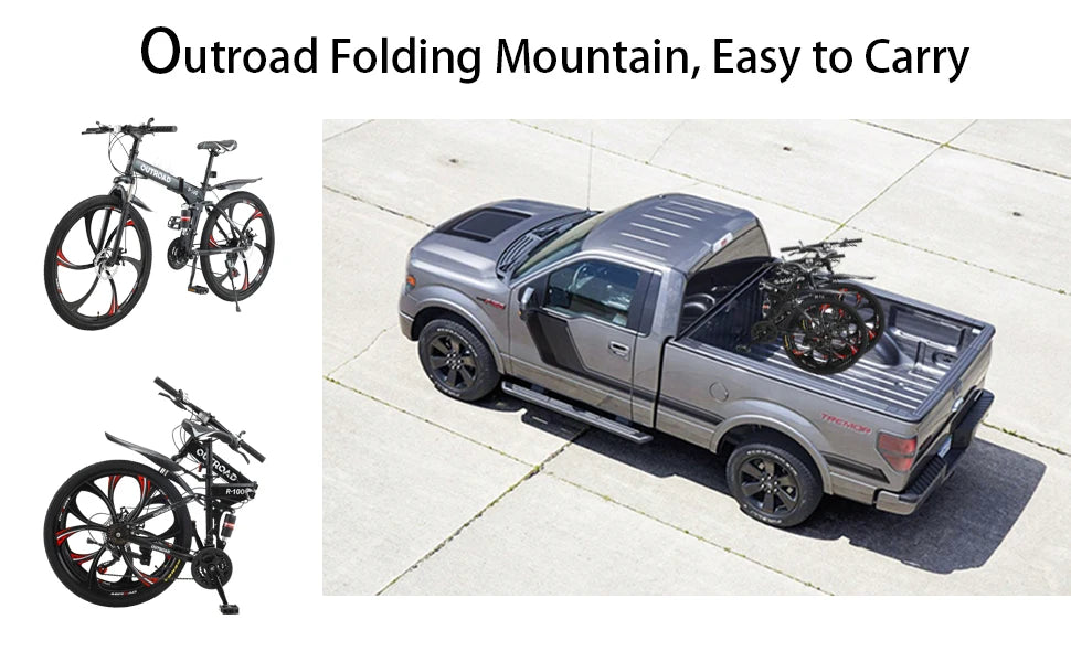 OUTROAD R-100 26 Inch Folding Mountain Bike, 21 Speed Full Suspension Bicycle with High-Carbon Steel, Dual Disc Brake Non-Slip Quick Release tire Folding Bicycle for Adults/Men/Women