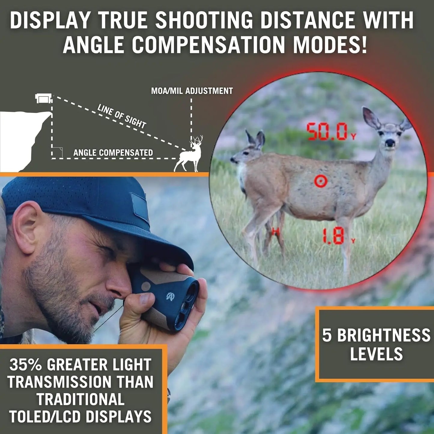 OTX2400B/A 2400yd Laser Rangefinder for Hunting, Shooting, & Golf, Red OLED Display Fast 0.1s and Accurate +/-1 yd with Ballistics/Applied Ballistics, Class 1 905nm 0.25m, Eye-Safe Laser