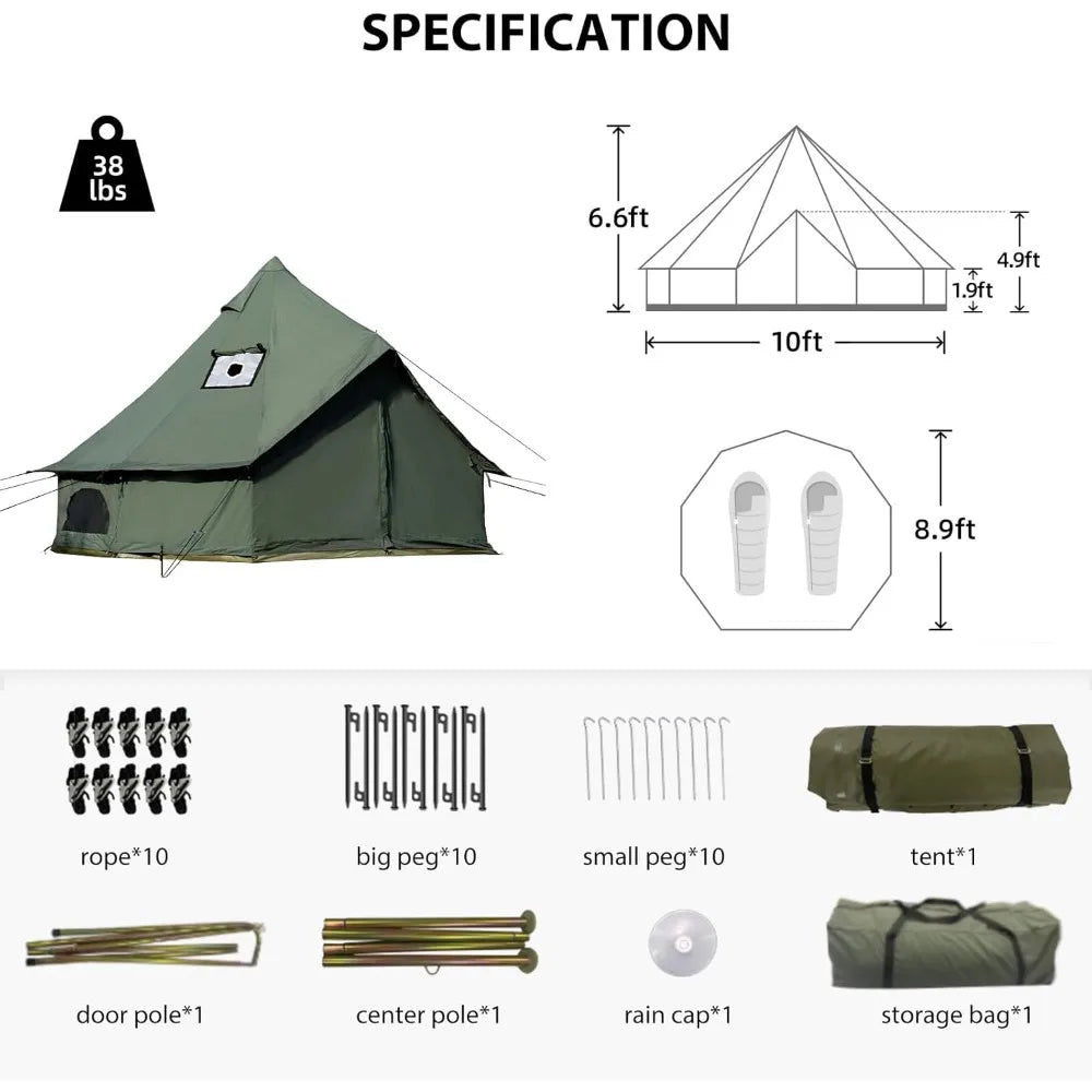 Cotton Canvas Bell Tent with Stove Jack, Roomy Yurt Tent for Family Glamping Camping, 4 Season Tent with Zipped Removable Floor