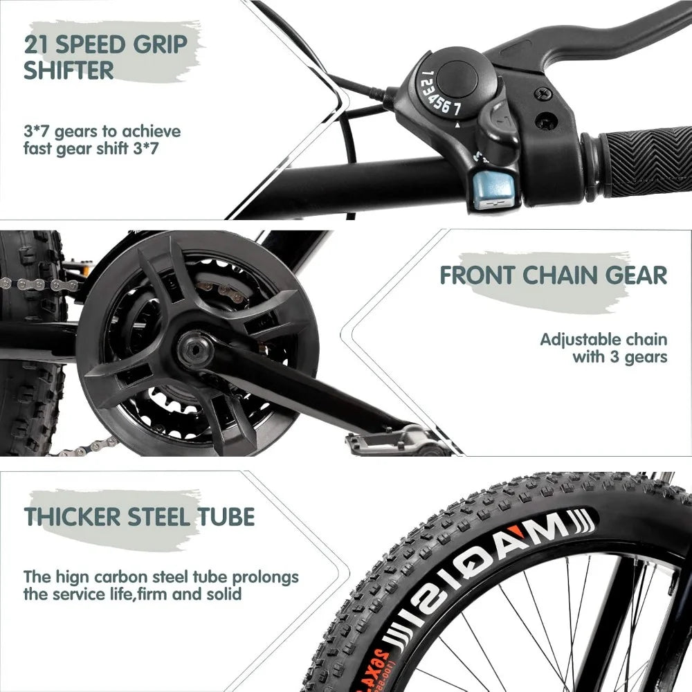 Max4out OUTROAD 26 inch Fat/Normal Tire Mountain Bike, 21 Speed with Dual Front Suspension, Double Disc Brake and High Carbon Steel Frame Anti-Slip Bicycle, Men and Women
